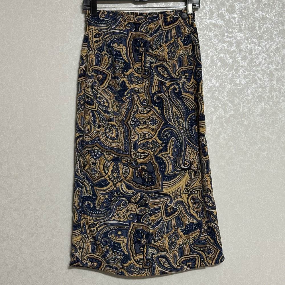 Cricket Lane Paisley Midi‎ Skirt Faux Wrap Navy Blue Gold Vintage Boho 8P